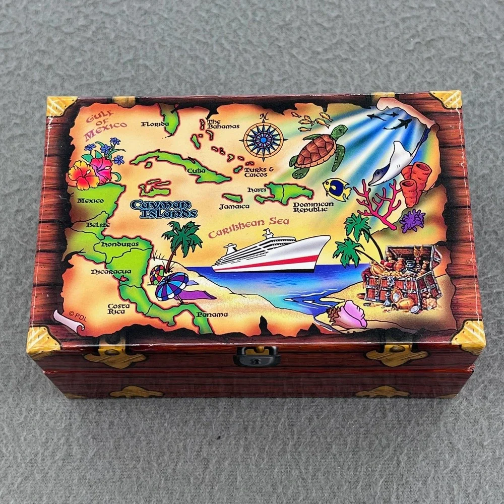 Cayman Islands Souvenir Shot Glass Set Frosted Glass Treasure Chest Box Tropical